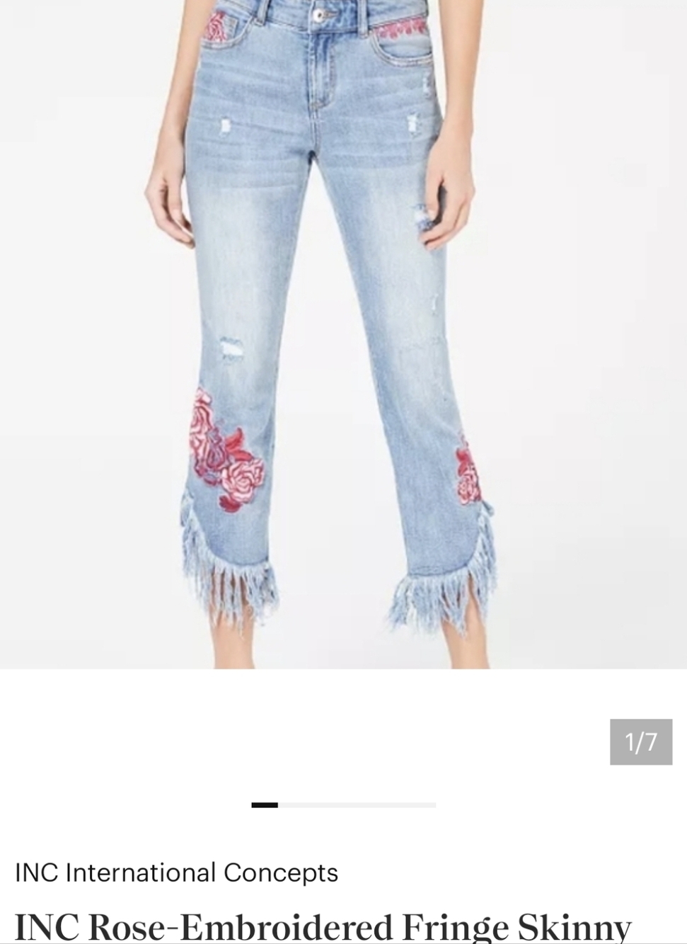 INC International Concepts Light Blue Rose-Embroidered Fringe Jeans Sz 10